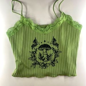 Green cami top with mushroom print.